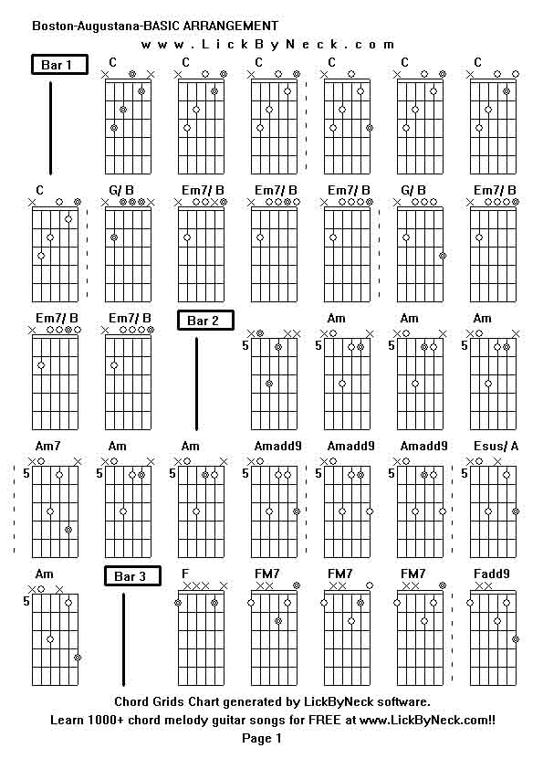 Chord Grids Chart of chord melody fingerstyle guitar song-Boston-Augustana-BASIC ARRANGEMENT,generated by LickByNeck software.
